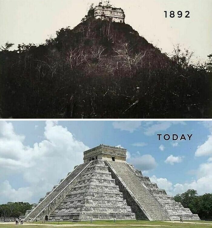 24. Храм Кукулькана (Эль-Кастильо) в 1892 году и сегодня