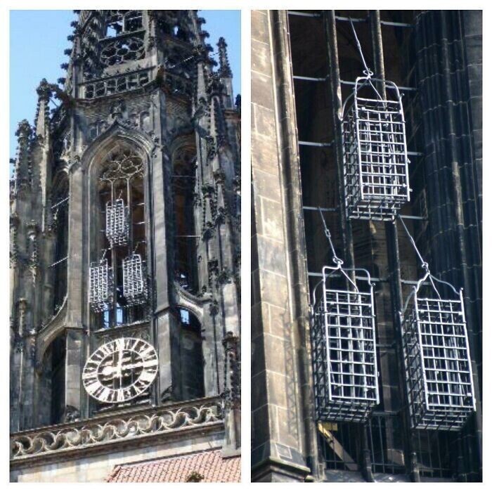 Церковь Святого Ламберта в Мюнстере, Германия. Справа - клетки трёх казненных лидеров восстания-анабаптистов в Мюнстере в 1536 году