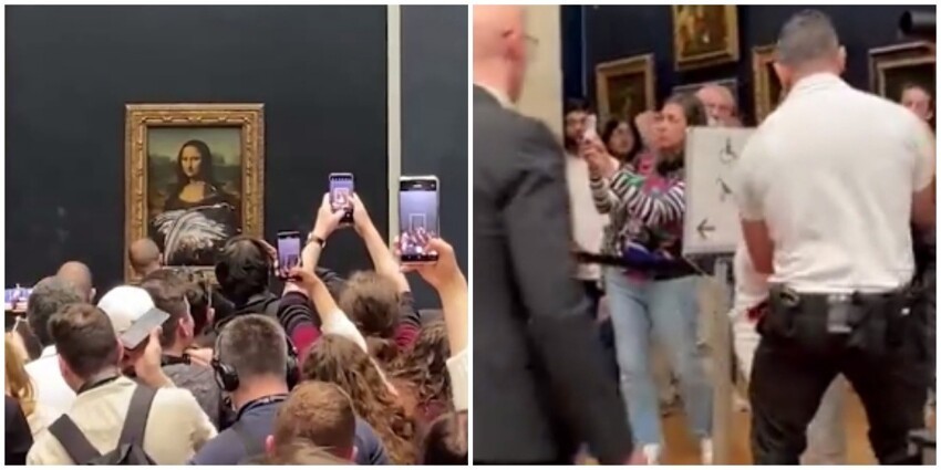 В Лувре переодетый в старушку посетитель встал из инвалидного кресла и закидал Мона Лизу тортом и розами