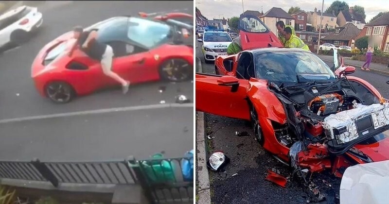 В Великобритании водитель гиперкара Ferrari протаранил пять припаркованных автомобилей и убежал с места ДТП