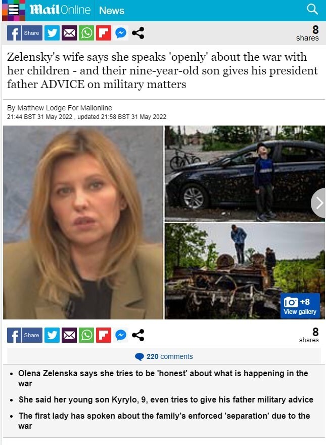 Жена Зеленского рассказала британскому таблоиду, что их 9-летний сын дает отцу военные советы