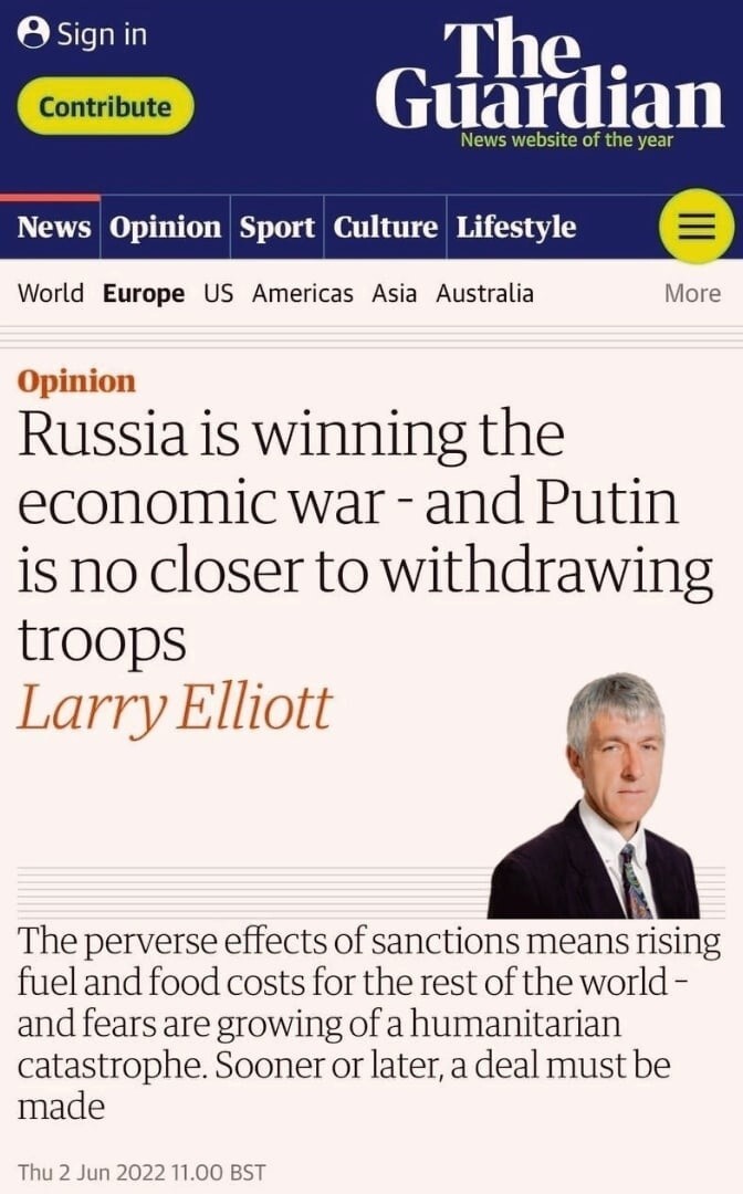 &quot;Россия побеждает в экономической войне и Путин все еще далек от вывода войск из Украины.&quot; Ларри Эллиот, редактор Гардиан. На самом деле Путин еще даже не начал кошмарить вас по - серьезному