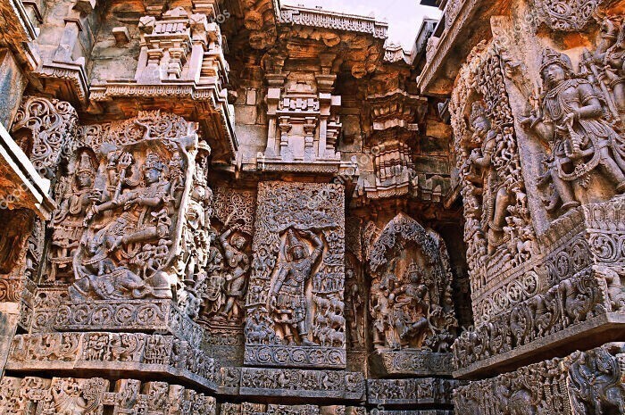 Каменная резьба храма Хойсалешвара. Город Халебид, Индия