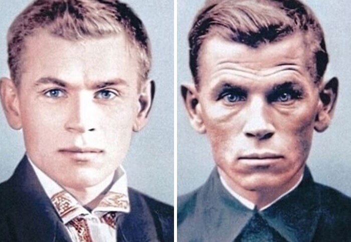 4. Две фотографии советского солдата Евгения Степановича Кобытева, сделанные с разницей в 4 года. Первое изображение - день, когда он ушел на войну в возрасте 30 лет, в июне 1941 года, второе - день, когда он вернулся с войны в 1945 году