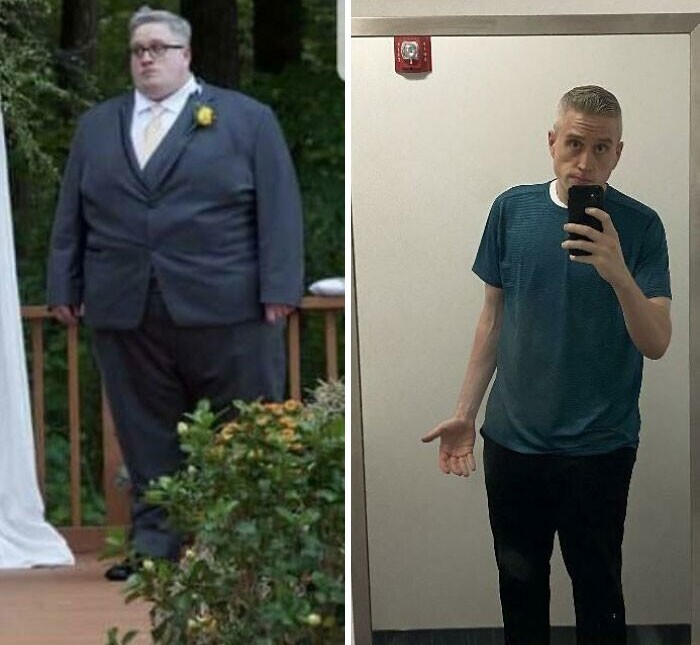 8. "Фото слева было сделано ровно 3 года назад, когда я был шафером на свадьбе приятеля. Я весил почти 270 кило. Сейчас — около 105"