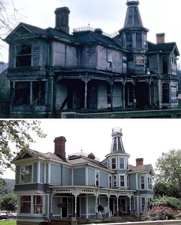 Заброшенный викторианский дом в Рардене, штат Огайо, США, - и он же в восстановленном виде