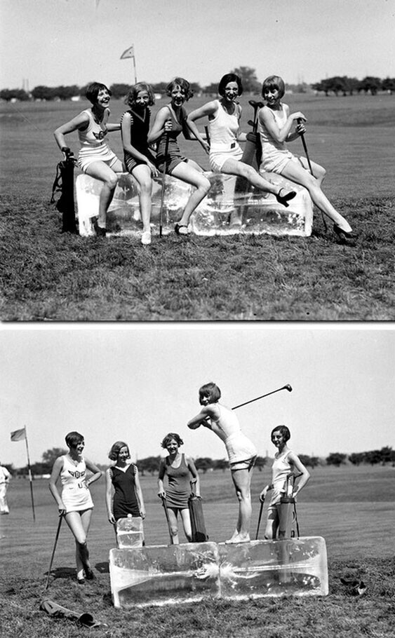 Молодые девушки в купальниках играют в гольф, 1926 год
