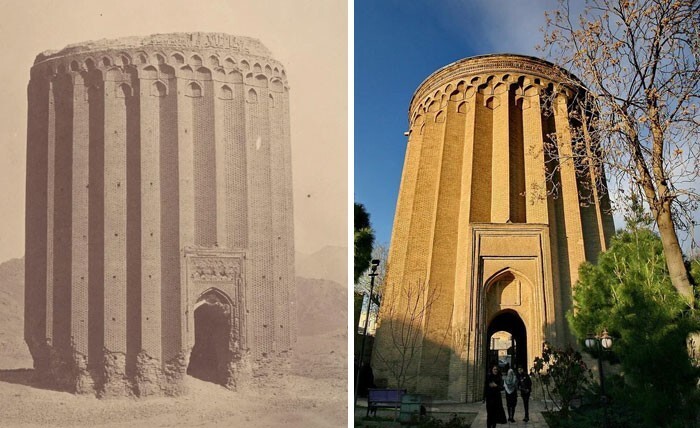 17. 1000-летняя башня Тогрол в городе Рей, Иран. Фотография слева была сделана в 1840-х годах