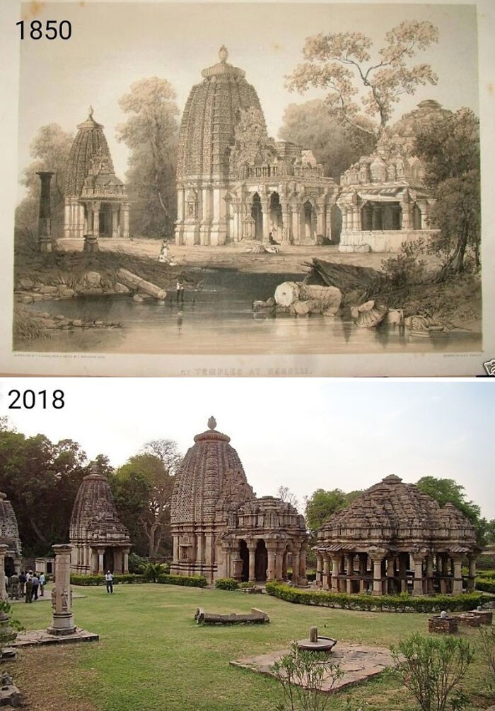 24. Храмы Бароли в Раджастхане, Индия. Построены в 10 веке н.э. Рисунок 1850 года и фотография 2018 года