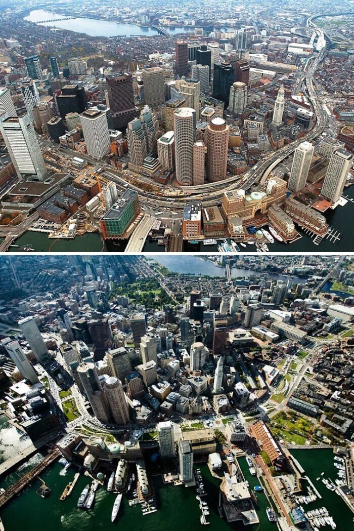 4. Бостон в 1990-х и 2010-х годах. Эстакаду перенесли под землю и заменили зелеными насаждениями