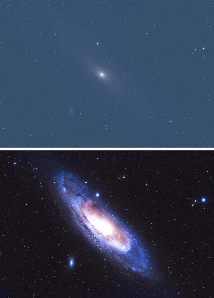 3. "До и после обработки снимка галактики Андромеды, сделанного с моего двора"