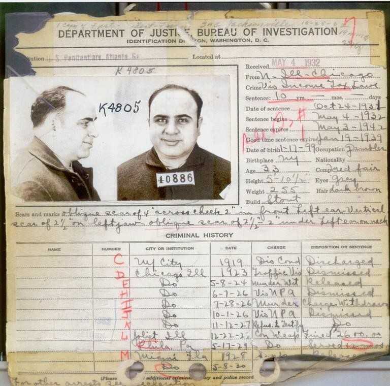 Это криминальное досье Аль Капоне из федеральной тюрьмы США в Атланте, около 1932 года