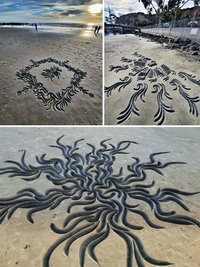 19. "Рисунки в песке на пляже. Я сделал инструменты, которые позволяют одним движением делать вырез и убирать лишнее. Округ Ориндж, Калифорния"