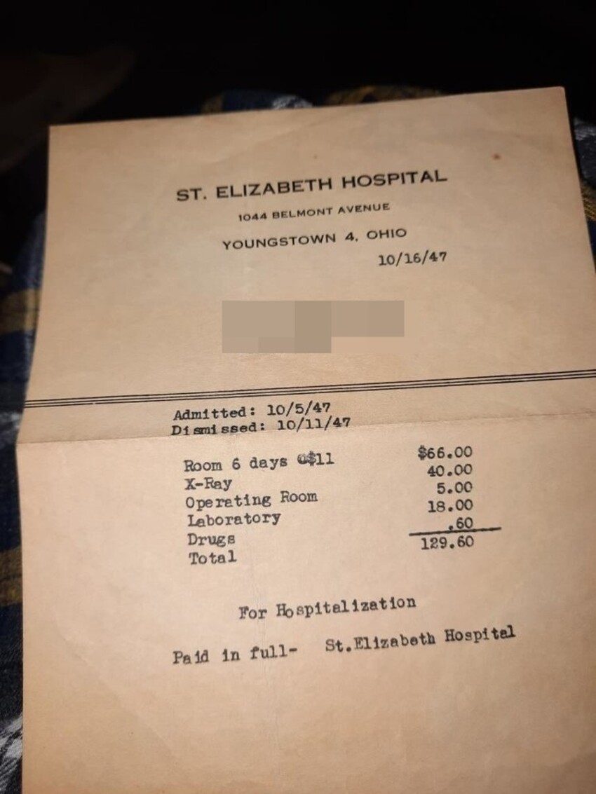 9. Счет на 129 долларов за 6-дневное пребывание в американской больнице в 1947 году