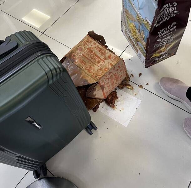 «Купил жареную курицу в аэропорту перед посадкой, сумка разорвалась снизу, и коробка выпала. Она упала вертикально, но разорвалась при попытке ее поднять»