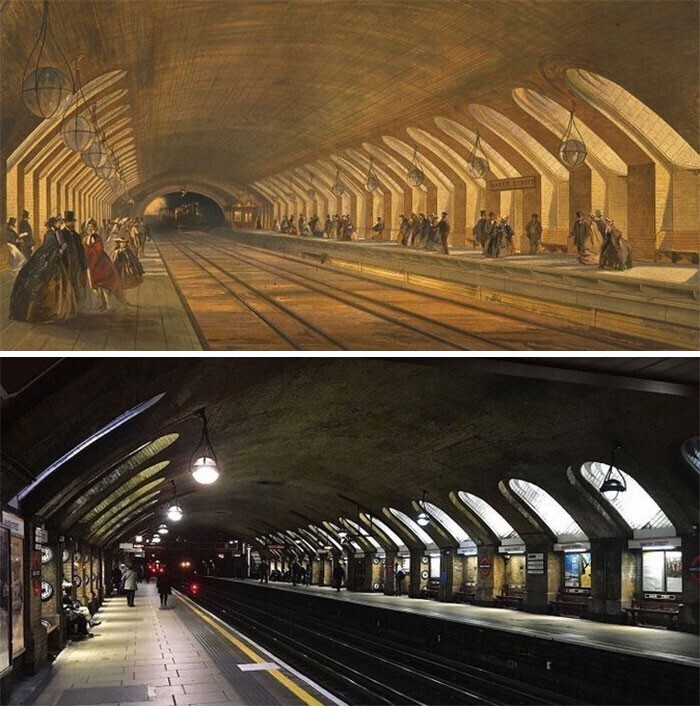 Старейшая в мире станция метро Бейкер-стрит в Лондоне: фото с разницей в 157 лет