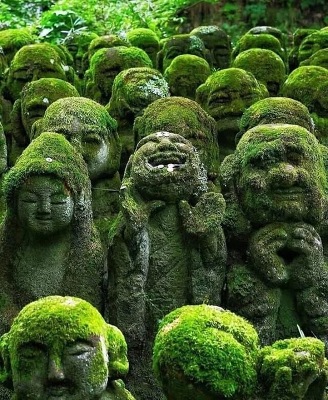 1200 каменных скульптур с разными выражениями лиц в буддийском храме Нэнбуцу-дзю, Киото, Япония