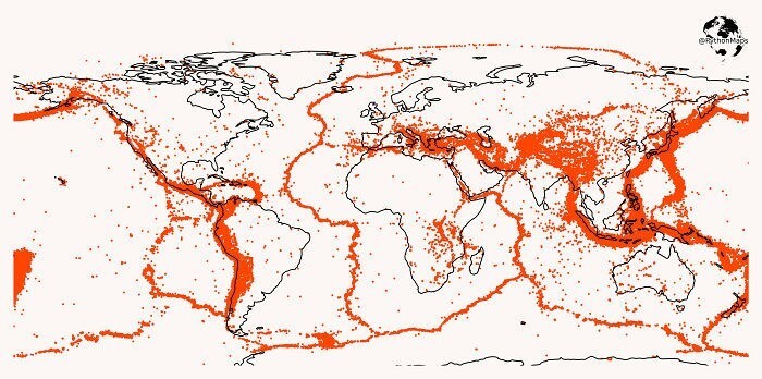 29. На этой карте показаны все землетрясения магнитудой более 5,0 за последние 20 лет