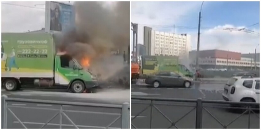 Герой дня: в Санкт-Петербурге водитель поливальной машины потушил загоревшуюся "Газель" на дороге