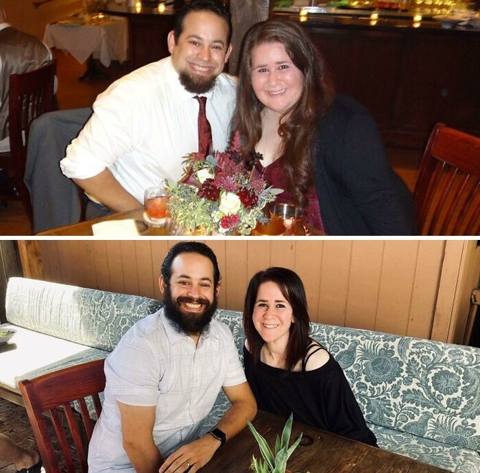 12. "Эти фотографии были сделаны в одном и том же ресторане, но с разницей примерно в 2 года. Он потерял 40 килограммов, а я - 61"