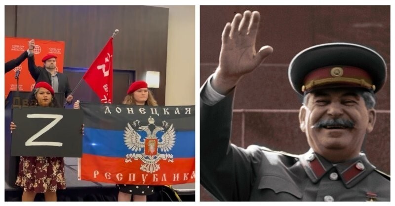 Американские сталинисты вышли с флагами ДНР и буквой «Z»