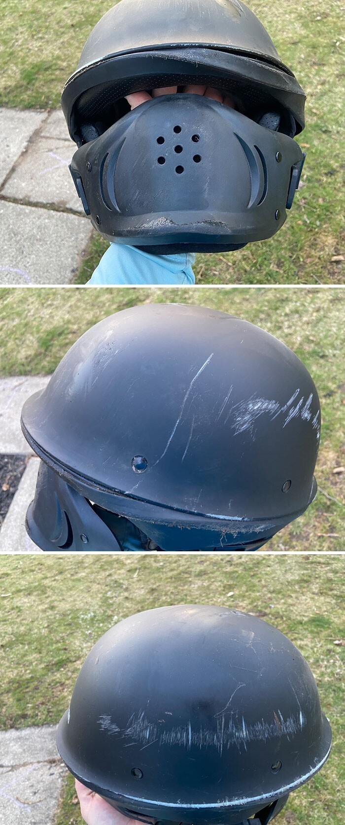 "Два года назад этот шлем с сертификатом Dot выдержал удар на скорости 75 километров в час и спас мне жизнь"