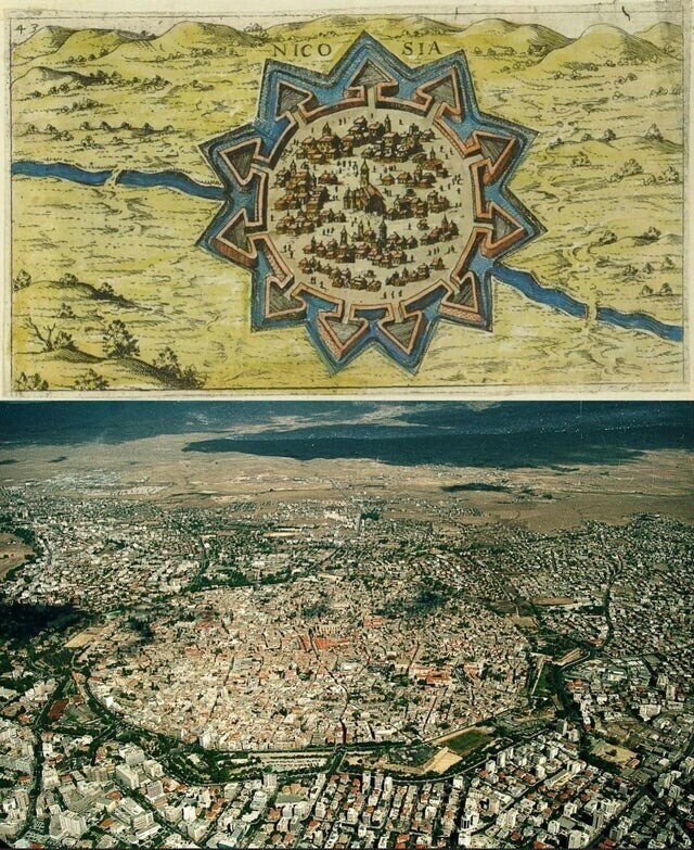 Карта Никосии, Кипр, XVI века и аэрофотоснимок города-крепости