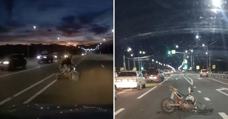 13-летний пацан на мотоцикле посреди оживлённой трассы