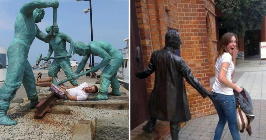 40 фото, на которых люди дурачатся со статуями