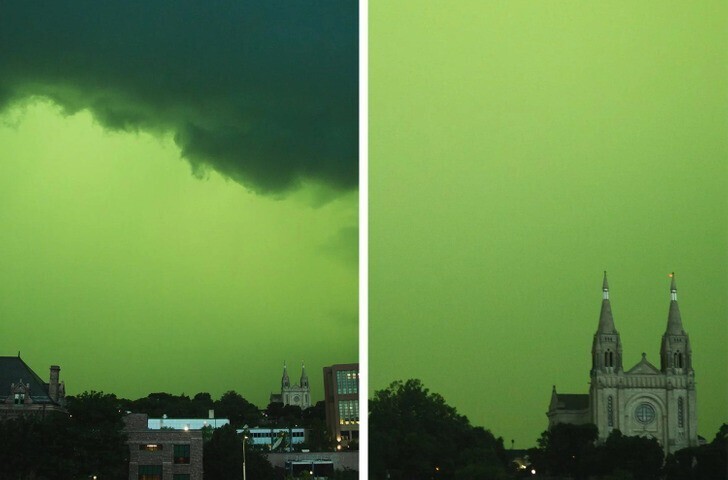 "Вчера во время сильной грозы небо над нашим городом вдруг стало зеленым"