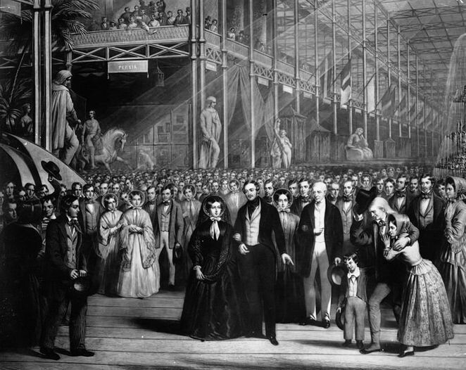 Королева Виктория со своим супругом принцем Альбертом и герцогом Веллингтоном на открытии Всемирной выставки в Хрустальном дворце