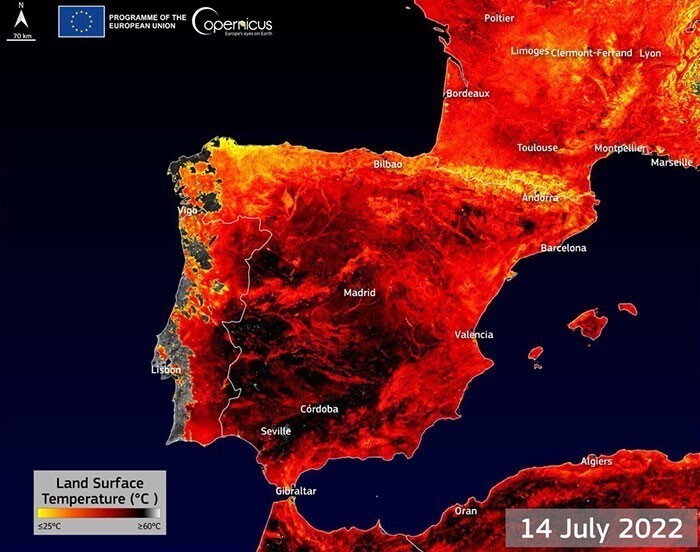 19. Более 59°C было измерено на поверхности почвы в Испании и 48°C на юге Франции
