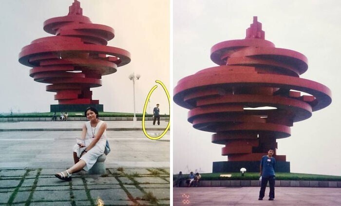 7. Супружеская пара из Китая нашла в своих фотоальбомах юношеские снимки, сделанные в одно время и в одном месте. Более того, парень попал на снимок девушки
