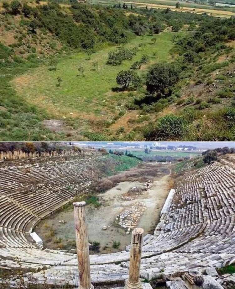 До и после раскопок стадиона в Греции