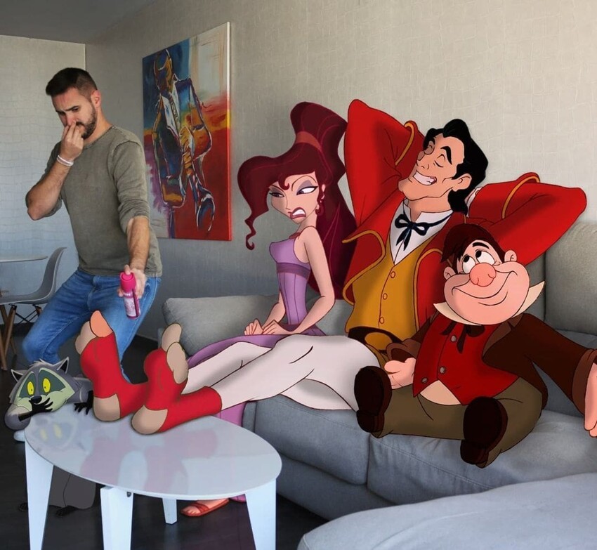 Мужчина помещает героев мультфильмов Disney на свои фотографии