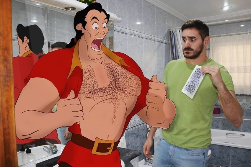 Мужчина помещает героев мультфильмов Disney на свои фотографии