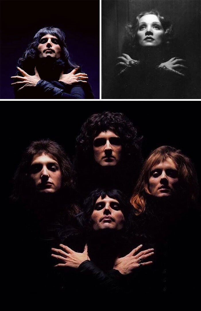 Мало кто знает, что поза Фредди Меркьюри на этом знаменитом снимке группы Queen был вдохновлен фотографией Марлен Дитрих