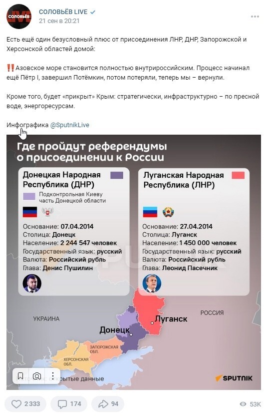 Сегодня начинаются голосования на референдумах о присоединении к России в ЛНР,ДНР, Запорожской и Херсонской областях