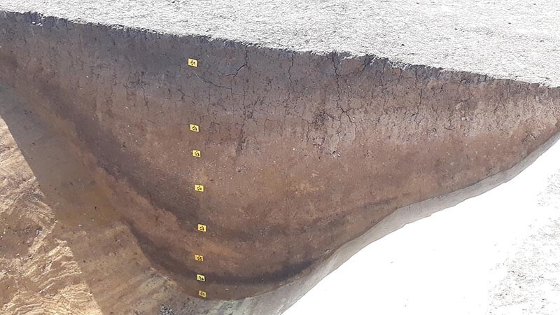 Стенка траншеи, показывающая стратиграфию (различные слои) раскопок