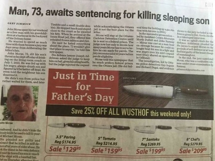 19. "Мужчина, 73 года, ожидает приговора за убийство спящего сына". "Очень вовремя, ко Дню Отца"