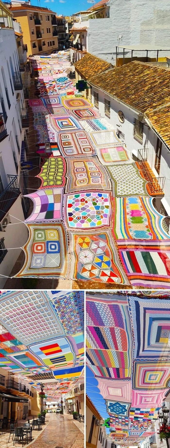 Борьба с жарой: испанские художники украсили торговый район Малаги красочным вязанным навесом