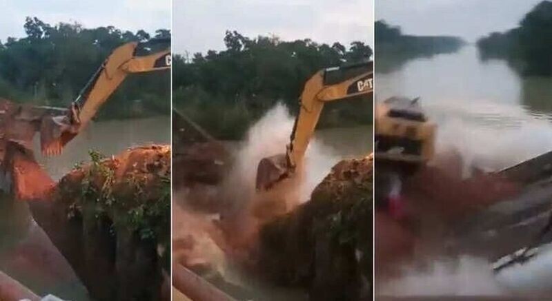 Рабочий снял зрелищное падение экскаватора в реку