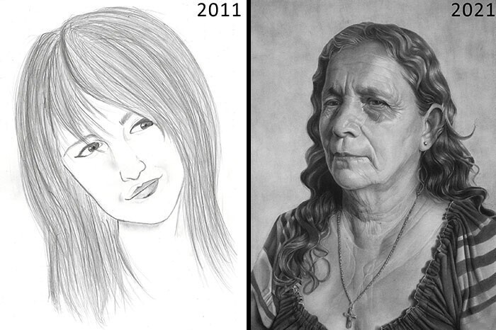 Первый портрет, который я нарисовала в 2011 году, и самый свежий портрет 2021 года