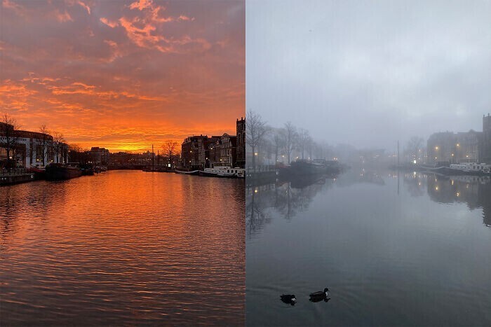 Восход солнца в Амстердаме, в том же месте, в то же время, с разницей в 24 часа