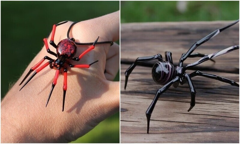 Реалистичные фигурки пауков, сделанные из стекла