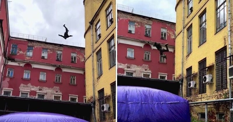 Опасный прыжок с крыши старого здания