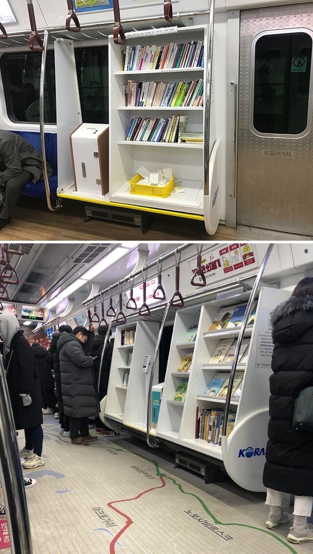 В вагоне метро в Сеуле, Южная Корея, есть мини-библиотека