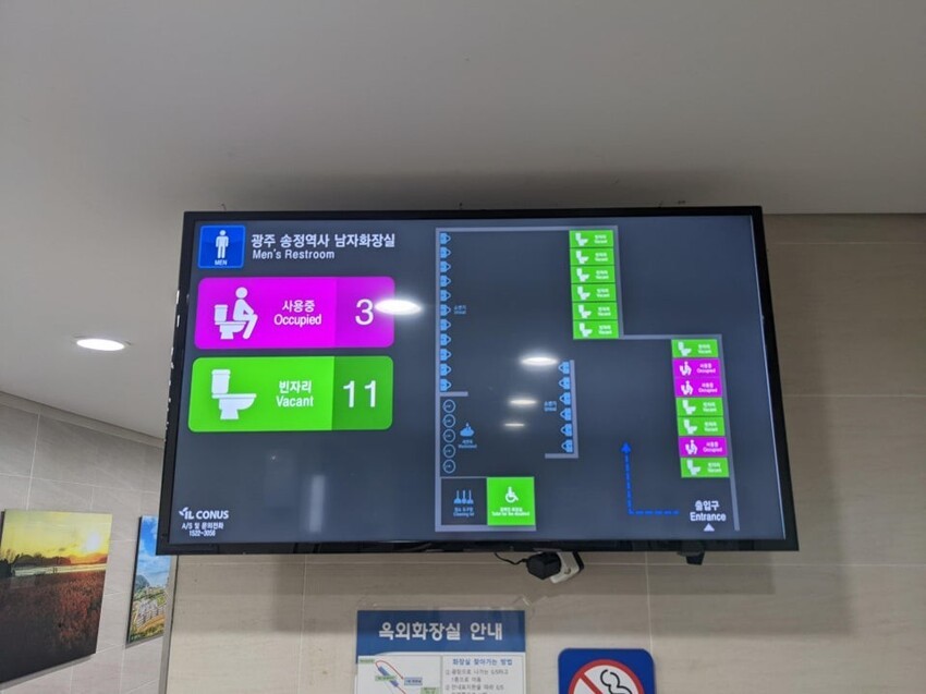 В Корее дисплей сообщает о том, какие туалетные кабинки используются, а какие пусты, поэтому не нужно вручную проверять каждую