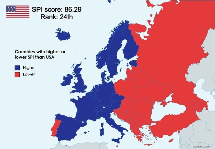 11. Европейские страны, которые считаются более (синий) или менее (красный) прогрессивными, чем США, по индексу социального прогресса