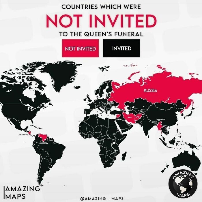 18. Страны, которые не пригласили на похороны королевы Елизаветы (красным)